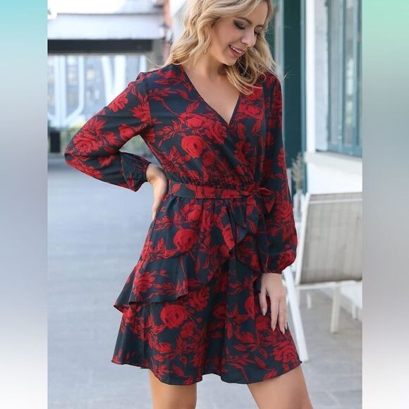 uguest Dresses & Skirts - Dress Floral Long Sleeve A-Line Wrap Ruffle NWT SZ M